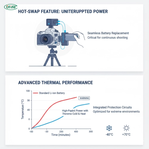 Hot-swap and thermal performance of Ufine lithium camera batteries in professional use