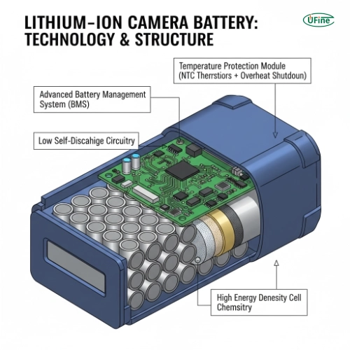 Internal structure of Ufine lithium camera battery showing high energy density and thermal protection