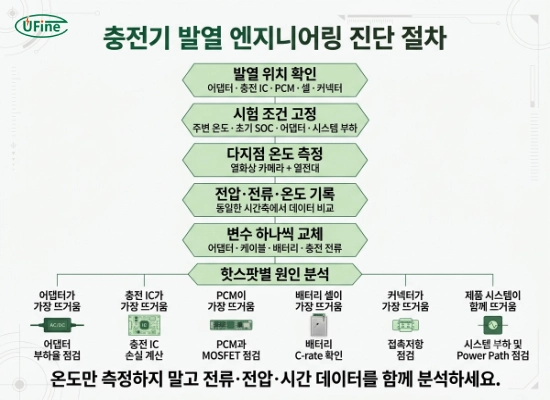 충전기와 리튬 배터리 발열 원인을 단계별로 확인하는 엔지니어링 진단 흐름도