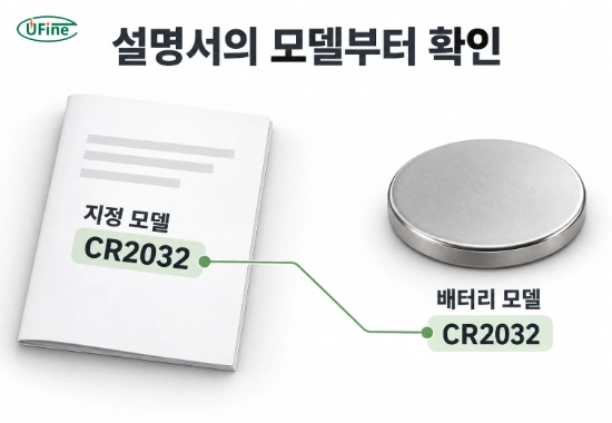 기기 설명서의 지정 모델 CR2032와 실제 코인전지 모델명을 대조하는 과정