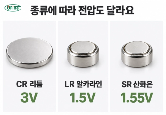 CR 리튬전지 3V, LR 알카라인 전지 1.5V, SR 산화은 전지 1.55V 비교