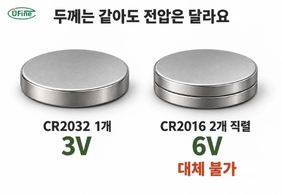 CR2032 한 개는 3V지만 같은 두께의 CR2016 두 개를 직렬로 포개면 6V가 되는 비교