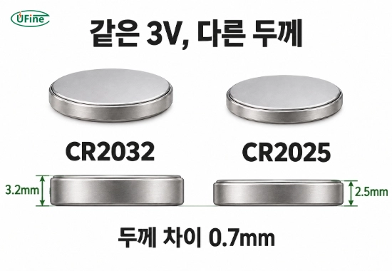 공칭 전압이 같은 CR2032와 CR2025의 두께 3.2mm 및 2.5mm 비교