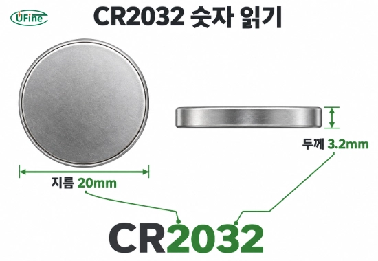 CR2032 모델명의 20은 지름 20mm, 32는 두께 3.2mm를 뜻하는 규격 설명