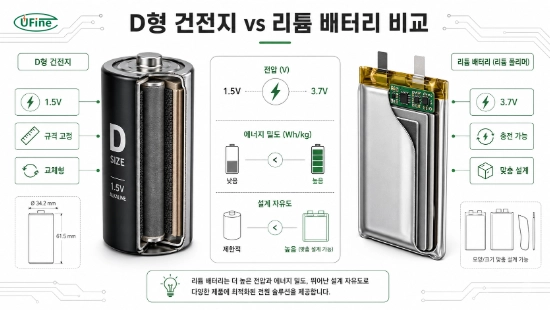 D형 건전지와 리튬 배터리 전압 및 용량 비교