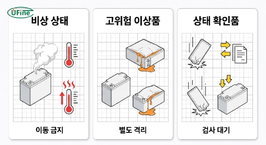 손상된 배터리의 비상 상태 고위험 이상품 상태 확인품 분류 기준