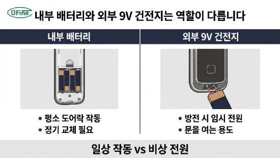 도어락 내부 배터리와 외부 9V 건전지 역할 비교