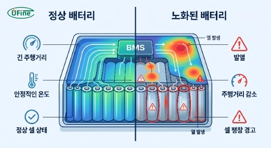 전기자전거배터리 노화와 수명 감소 원인을 비교한 이미지