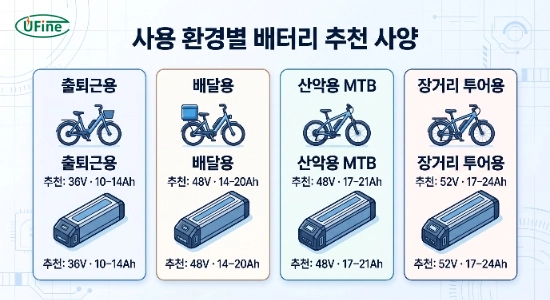 전기자전거배터리 사용 환경별 추천 사양을 설명하는 인포그래픽