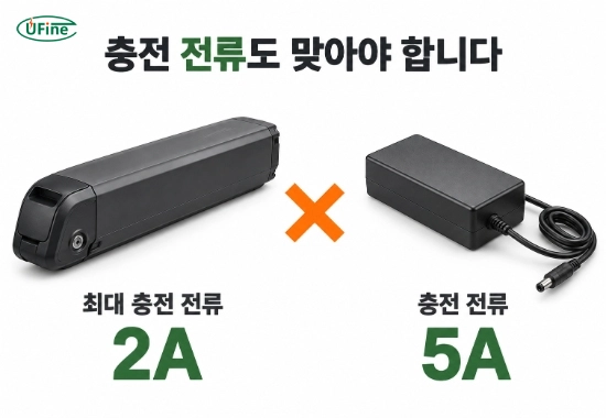 최대 충전 전류 2A인 배터리와 충전 전류 5A인 충전기의 비교 예시