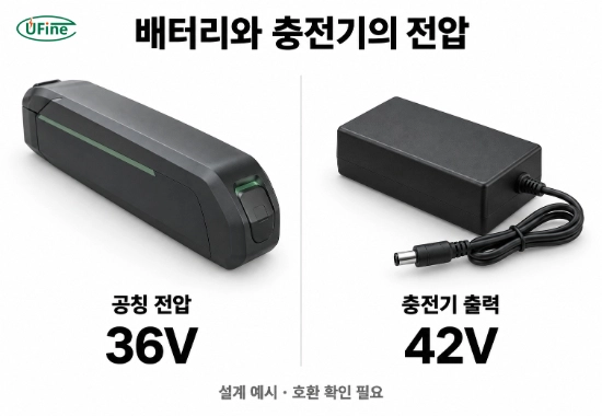 설계 예시로 비교한 배터리 공칭 전압 36V와 충전기 출력 전압 42V