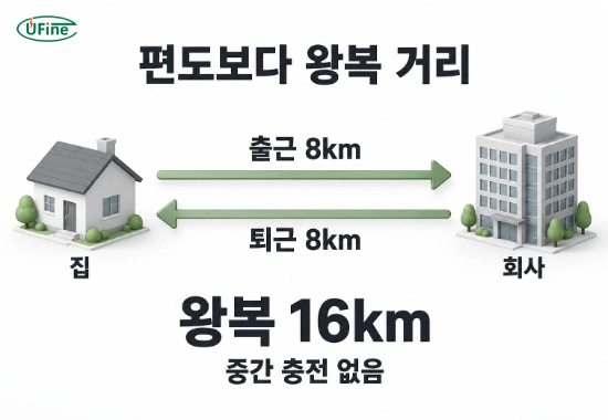 집과 회사 사이 편도 8km를 왕복 16km로 계산하는 출퇴근 거리 예시
