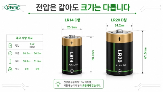 가스레인지 C형 LR14와 D형 LR20 건전지 크기 비교