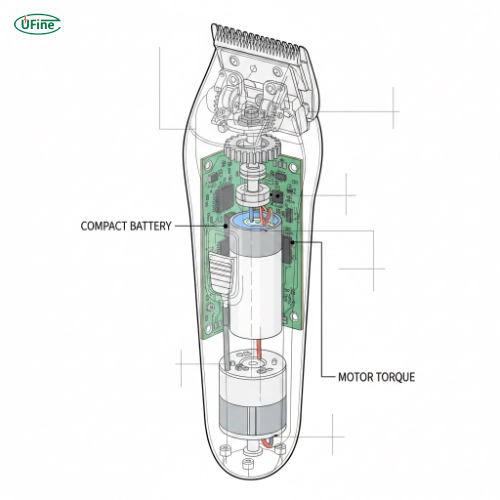 Hair clipper battery application showing lithium battery powering a cordless grooming device