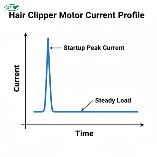Peak discharge current during hair clipper motor startup compared to steady load