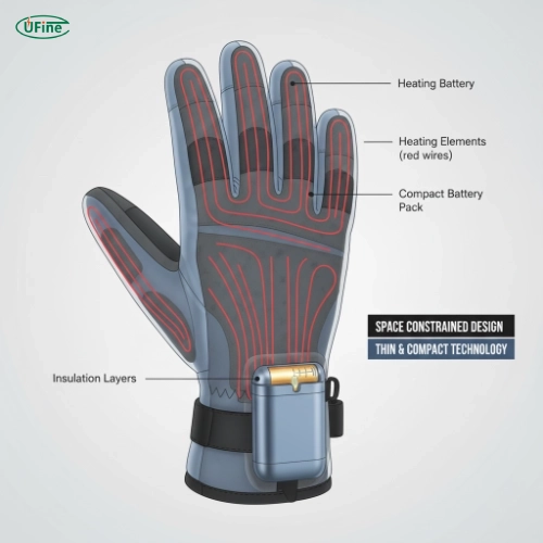 internal battery placement and heating structure of heated gloves