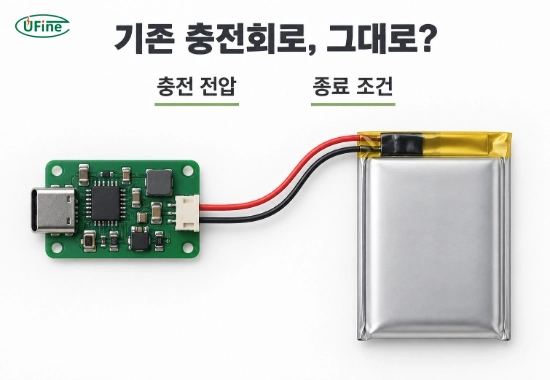 기존 충전회로와 교체 후보 배터리의 충전 전압 및 종료 조건을 확인하는 개념도