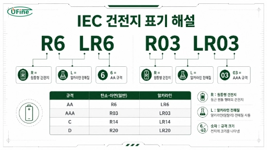 R, LR, 숫자 코드가 의미하는 IEC 건전지 표기 체계를 설명하는 인포그래픽