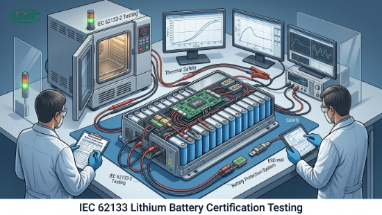 IEC 62133-2 lithium battery certification testing in professional battery safety laboratory