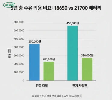 18650 및 21700 배터리의 5년 비용 비교