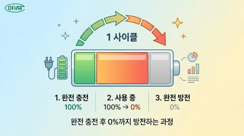 배터리 수명 개념인 '1 충방전 사이클' 정의를 시각화한 인포그래픽.