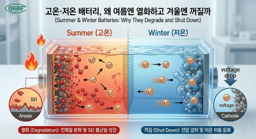 배터리 내부 리튬 이온 이동 속도 비교: 여름철 고온 열화와 겨울철 저온 꺼짐 현상.