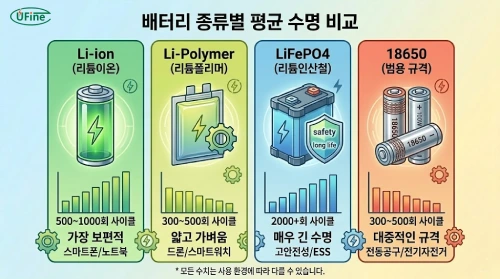 Li-ion, Li-Polymer, LiFePO4, 18650 등 4가지 배터리 종류별 평균 수명 비교 인포그래픽.