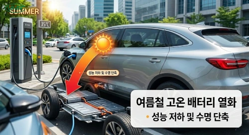 폭염 속 전기차 충전 중 고온으로 인한 배터리 열화와 성능 저하를 경고하는 인포그래픽.