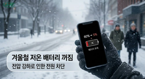 한파 속 장갑 낀 손에 들린 스마트폰의 급격한 전압 강하와 배터리 부족 종료 현상.