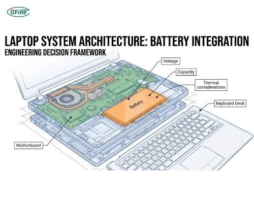 Laptop battery application structure diagram showing consumer, business, and industrial laptop power requirements