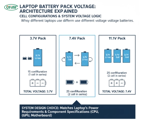 Laptop battery configuration comparison showing 3.7V, 7.4V, and multi-cell lithium-ion battery packs