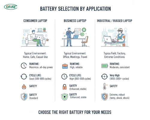 Comparison of battery requirements for consumer, business, and industrial laptops including runtime, cycle life, and safety