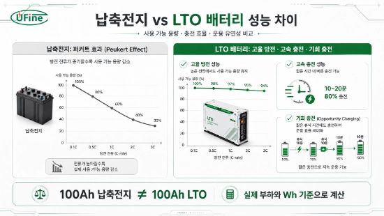 납축전지의 실제 용량 감소와 LTO 배터리의 급속 충전 비교