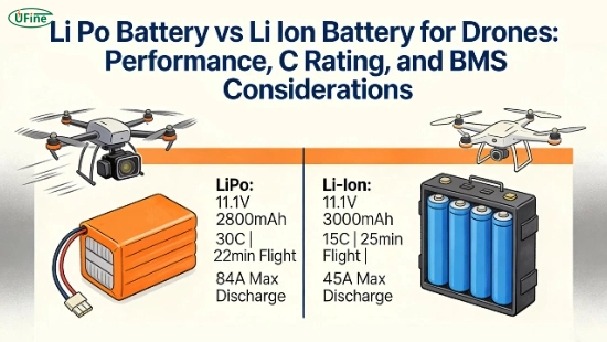 Comparison between FPV LiPo and Li-ion batteries showing power output, flight time, and discharge rate differences
