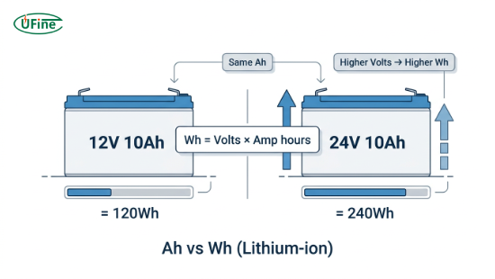 Lithium-ion battery comparison showing difference between amp hours and watt hours with voltage impact on total energy capacity