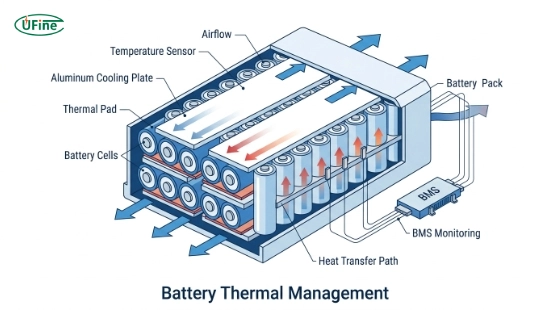 Thermal management system for lithium battery cell stack with cooling plates airflow thermal pads and temperature sensors