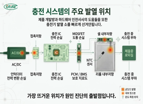 어댑터 충전 IC PCM 커넥터와 배터리 셀의 발열 위치를 보여주는 충전 시스템 구조도