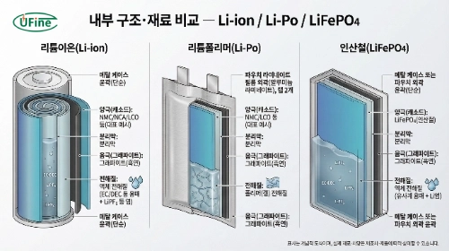 리튬이온 리튬폴리머 인산철 배터리 양극 소재와 전해질 구조 비교