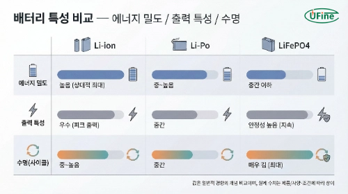 리튬이온 리튬폴리머 인산철 배터리 에너지 밀도와 출력 특성 비교