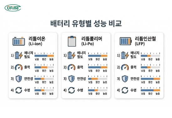 리튬배터리 종류별 성능 비교 에너지 밀도 출력 수명