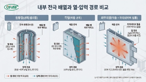 원통형 각형 파우치형 배터리 전극 배열과 구조적 차이