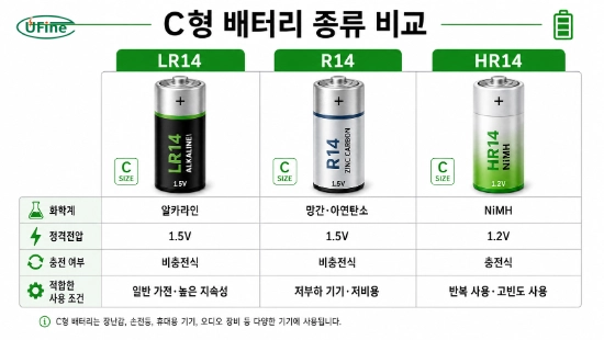 LR14 R14 HR14 C형 건전지 화학계 전압 충전 여부 비교