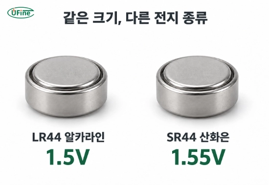 같은 크기의 LR44 알카라인 전지와 SR44 산화은 전지의 종류 및 공칭 전압 비교