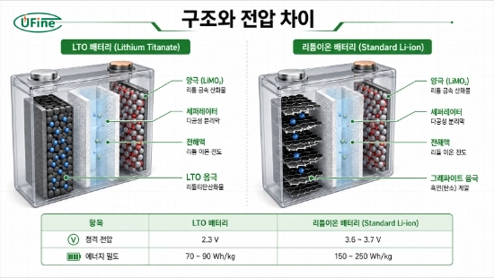 LTO 배터리와 리튬이온 배터리의 음극 소재와 셀 전압 비교