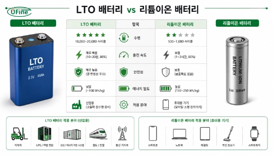 LTO 배터리와 리튬이온 배터리 성능 비교 인포그래픽