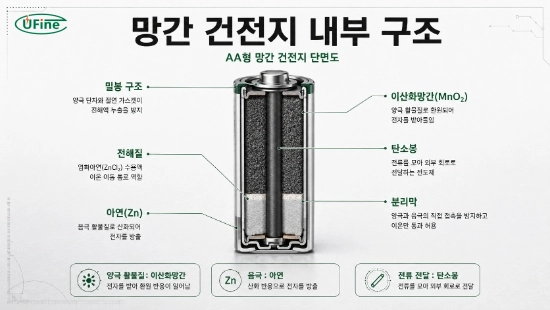 망간 건전지의 내부 구조와 각 구성 요소 역할을 보여주는 단면도