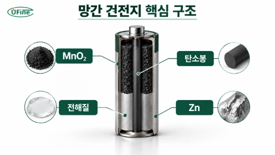 망간 건전지의 핵심 구조인 MnO2, Zn, 탄소봉, 전해질을 보여주는 단면도