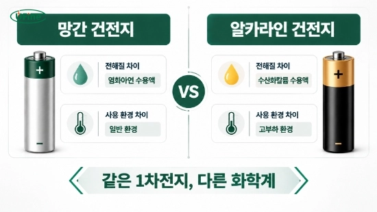 망간 건전지와 알카라인 건전지의 전해질과 사용 환경 차이를 비교한 간단한 인포그래픽