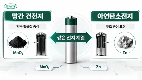 망간 건전지와 아연탄소전지라는 두 명칭의 관계를 설명하는 간단한 인포그래픽