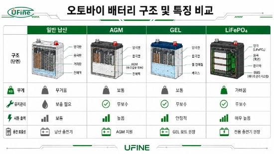 납산 AGM GEL 리튬인산철 오토바이 배터리 종류 비교